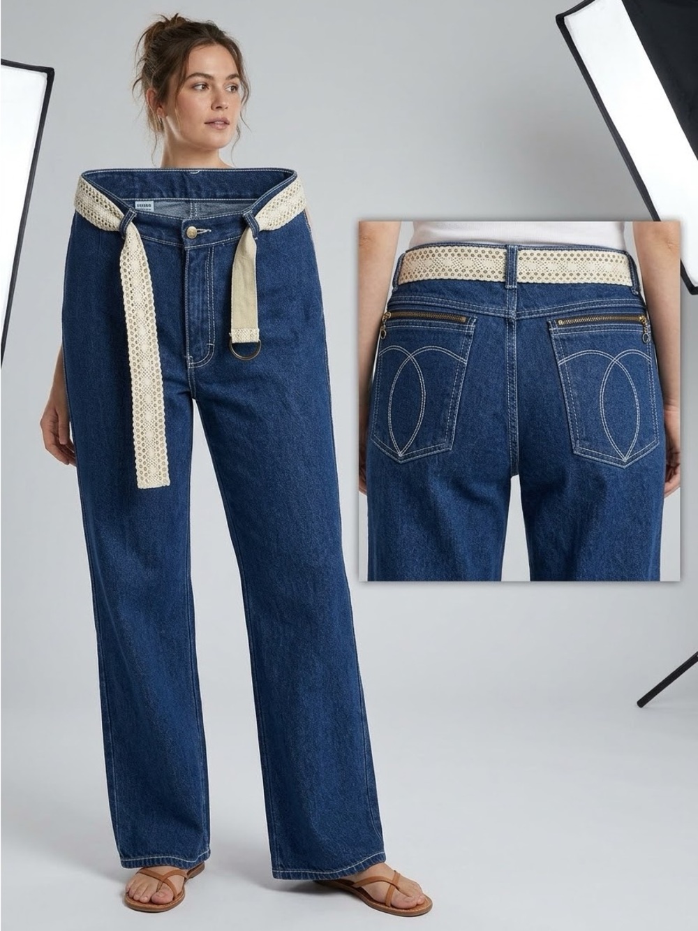 ⁠Vtg 70s Brittania Wide Leg Jeans 33L White Stitching Zipper Pockets Lace Belt⁠